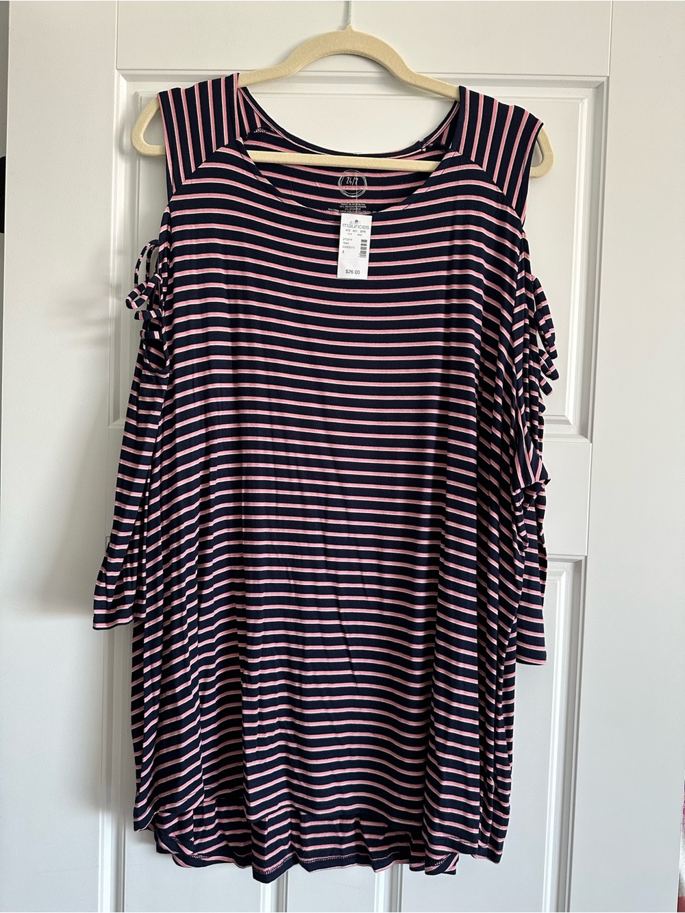 Maurices 3X Navy and Pink Striped Cold-Shoulder Tunic.